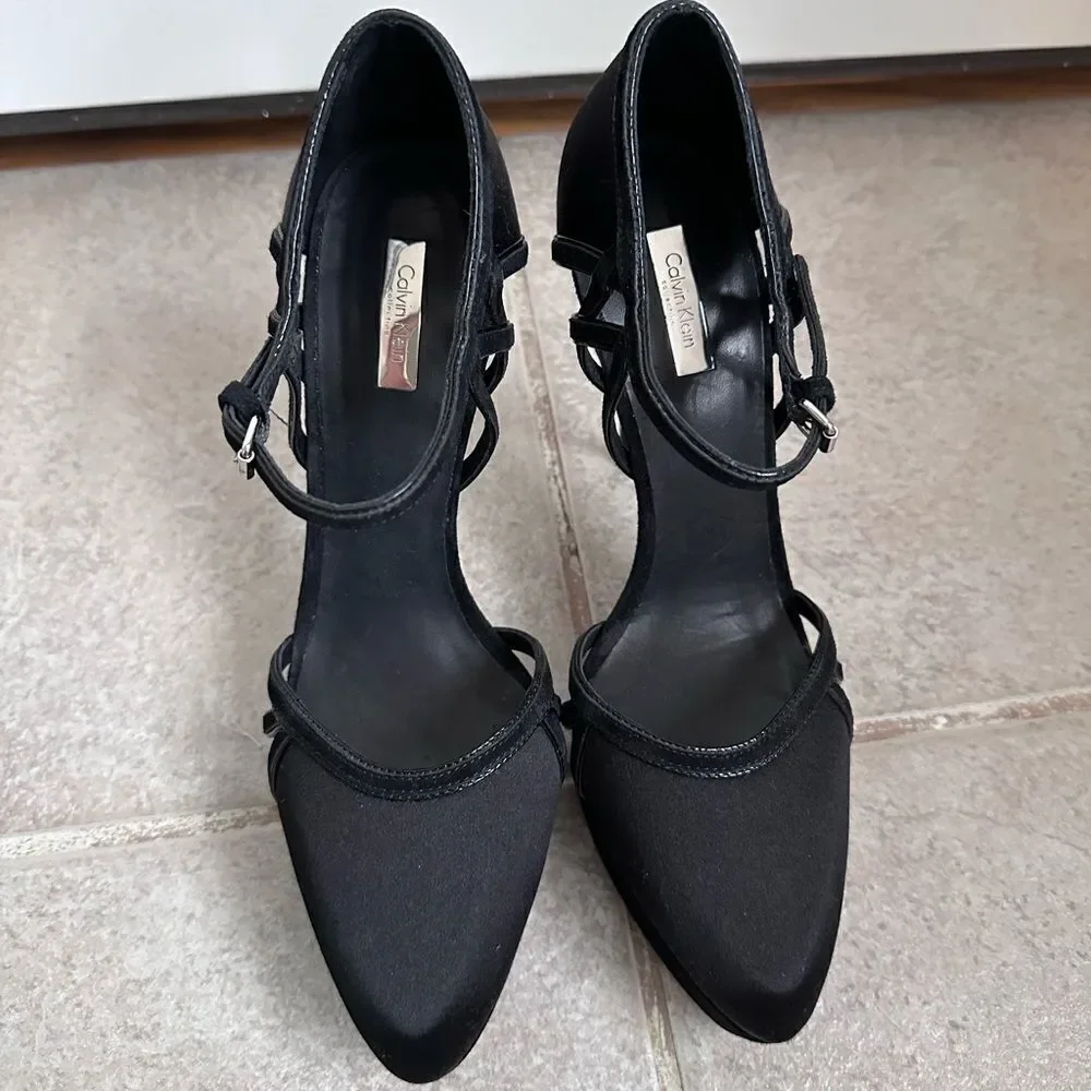 Calvin Klein Collection Black Satin Suede Platform Pumps with Strap‎ Size 9 8.5